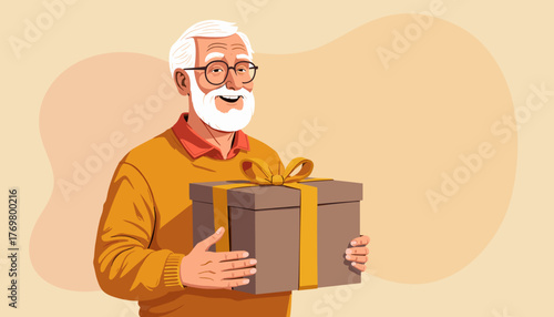 Happy elderly man in a sweater holding a birthday gift illustration on beige background