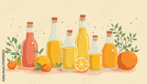 Vintage lemonade bottles at a party illustration on beige background