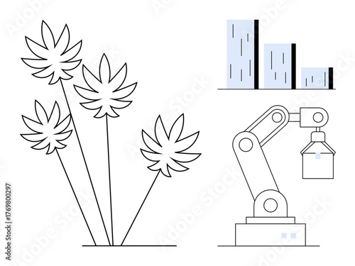 Robotic arm handling tasks near tall plants and buildings, representing smart farming, eco-technology, and urban sustainability. Ideal for innovation, agriculture, environment, automation, industry
