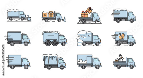 Set of stylized line icons depicting various delivery trucks in winter conditions, including snow plows, gift delivery, fast shipping, and trucks carrying snow, ice, and a snowman, perfect for