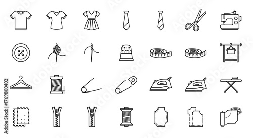 A comprehensive collection of modern line art icons related to sewing and garments, perfect for design projects, websites, apps, and cards, featuring linear illustrations of t-shirts, dresses, ties