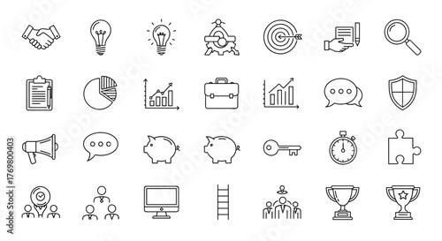 Set of outline icons related to consulting, business, and finance, including handshake, lightbulb, target, charts, briefcase, piggy bank, megaphone, speech bubble, key, stopwatch, puzzle, and