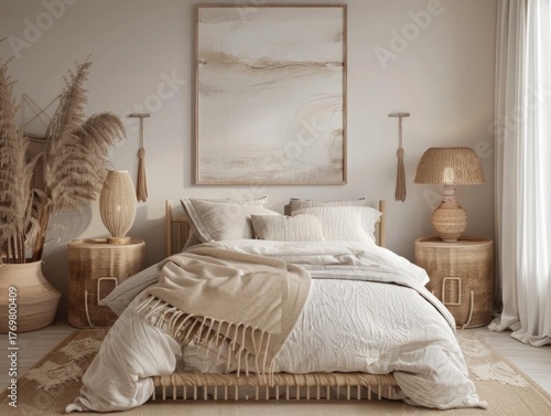 Wallpaper Mural Serene Bedroom Decor: An inviting bedroom with neutral tones and natural elements, exuding a sense of calm and tranquility. Features a comfortable bed with soft linens, a captivating artwork. Torontodigital.ca