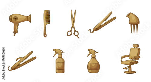 A collection of golden barber tools and accessories arranged on a black background, featuring a hairdryer, comb, scissors, curling iron, hair straightener, spray bottles, and a barber chair, perfect