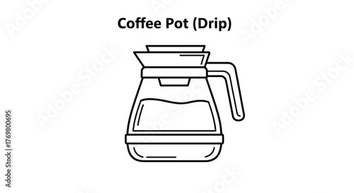 Minimalistic line icon of a drip coffee pot, representing coffee time, perfect for web design, graphic design, apps, banners, social networks, and cards, presented as a vector cartoon illustration