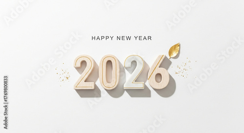Elegant 2026 New Year celebration with golden leaf and confetti, perfect for festive greetings and modern branding