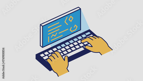 Hands typing on a laptop keyboard with code on screen in an isometric flat illustration, conveying software development, programming, remote work and digital workstation concepts