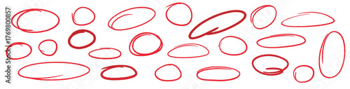 Red crayon outline ovals or ellipses Vector illustration, Pencil hand drawn emphasis elements, Doodle style chalk sketches , round shapes , rcotor ,cut out design elements  
