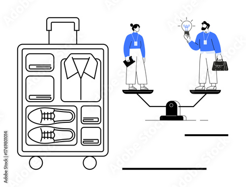 Organized suitcase with folded items beside a balance scale holding two professionals sharing ideas. Ideal for business travel, work-life balance, organization, teamwork, equality, productivity