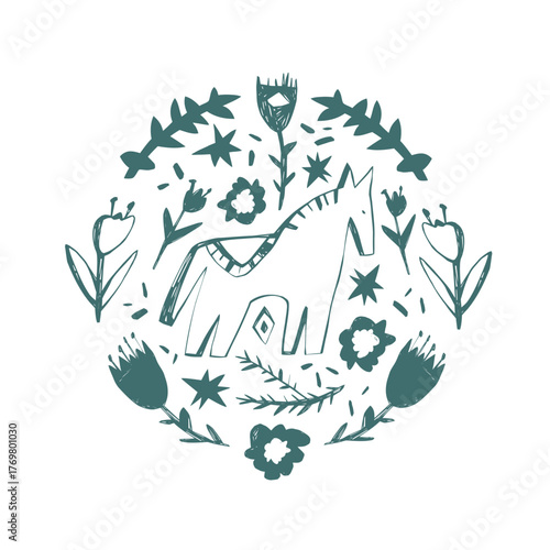 Floral Scandinavian horse composition with folk art flowers stars and leaves in round decorative layout for modern design projects