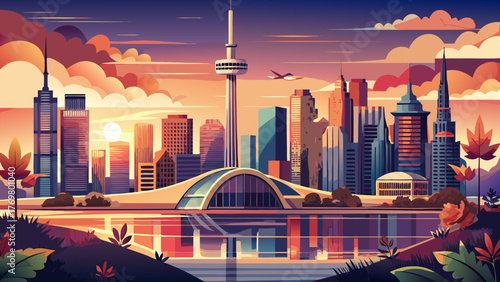 Very beautiful Mississauga vector travel poster in cinematic minimal landscape art style, featuring the city skyline, Lake Ontario waterfront, and modern architecture with warm sunset tones capturing 