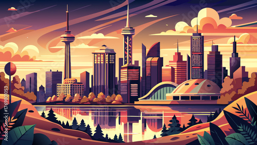 Very beautiful Mississauga vector travel poster in cinematic minimal landscape art style, featuring the city skyline, Lake Ontario waterfront, and modern architecture with warm sunset tones capturing 