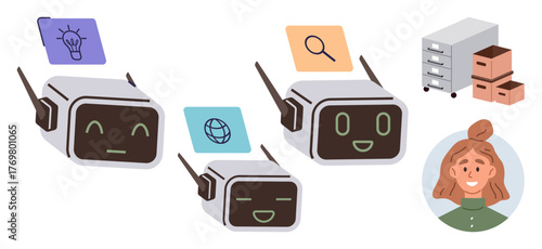 Three cheerful chatbots assisting with creative ideas, web search, and file organization. User profile, folders, and storage depicted. Ideal for automation, innovation, AI support workflow