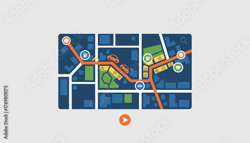 A modern digital map interface showcasing an interactive route planner with vibrant icons and realtime traffic updates.