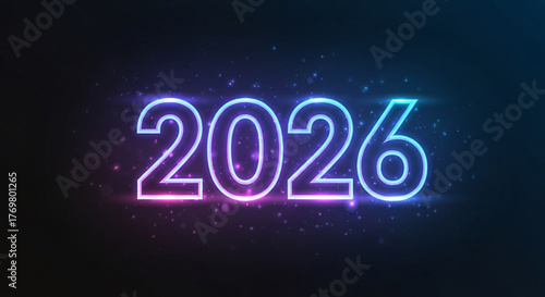 Bright neon glowing numbers 2026 illuminate a dark, starry background with vibrant purple and blue energy, perfect for New Year's celebrations or future-focused projects.