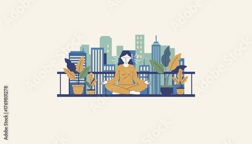 Woman meditating in lotus pose on a peaceful balcony with potted plants, practicing mindfulness and breathing exercises while overlooking a calm urban skyline at sunset