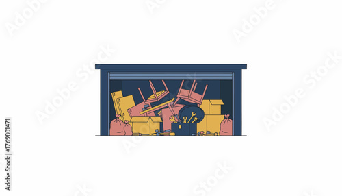 An open garage filled with unassembled furniture and tools highlighting the ongoing transition from an old home to a new one.