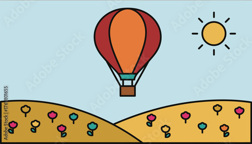 A landscape dotted with wildflowers as a hot air balloon glides over creating a picturesque scene of nature and adventure.