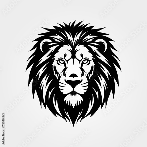 Majestic lion head illustration in striking black and white design.