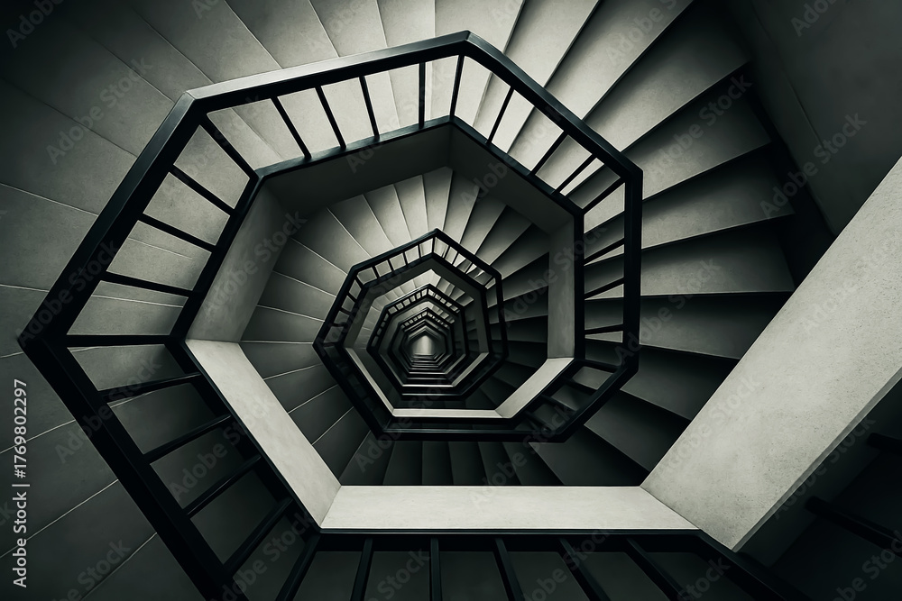Fototapeta premium Looking Down an Infinite Spiral Staircase in Octagonal Geometric Pattern