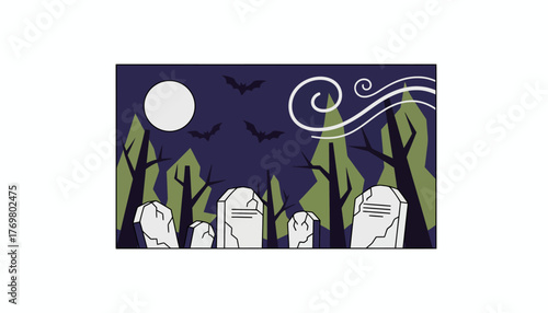 A graveyard bathed in moonlight with crumbling tombstones howling wind and bats flitting through the trees.