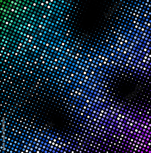Abstract vector halftone pattern with vibrant green, blue, and purple dots over black. Smooth gradient and modern comic-style texture.