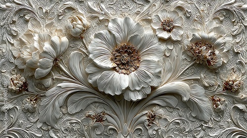Elegant white floral wall embossed design high resolution picture