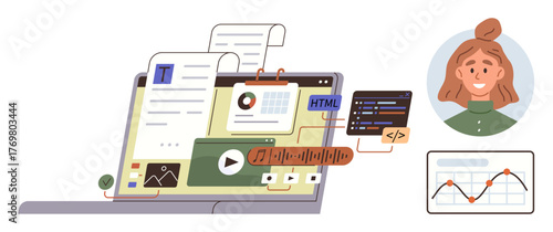 Laptop screen displaying tools thumbs up text, charts, HTML code, podcasts, and graphs. Female avatar, website elements, and analytics highlight content creation. Ideal for web design coding