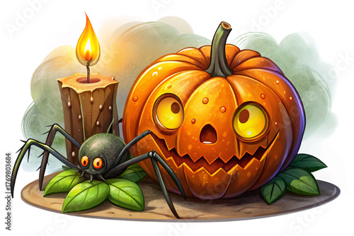 Orange pumpkin with lit candle and black spider isolated on white background symbolizing Halloween night