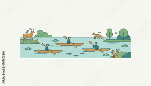 Adventurers kayaking in a clear river observing wildlife along the banks with a focus on preserving the ecosystem through minimal impact activities.