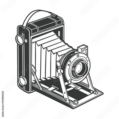 Vintage folding bellows camera illustration in black and white