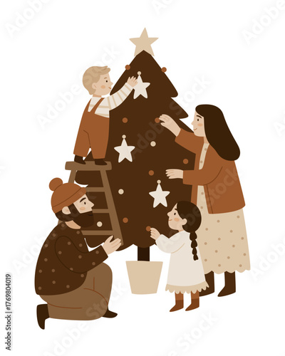 Family decorating a Christmas tree together. Warm festive moment in Scandinavian minimalism style. Ideal for holiday cards, winter posters, and family-themed seasonal illustrations.