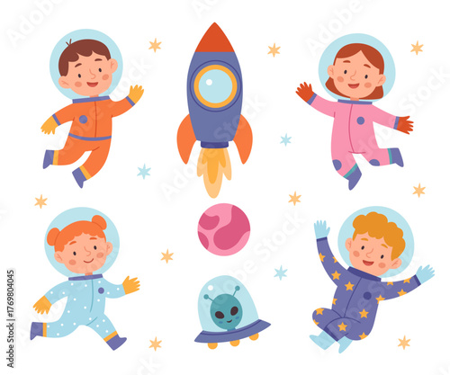 Happy children in colorful spacesuits floating in space with rocket, planet and alien. Playful kids illustration perfect for nursery decor, STEM materials, posters, and educational projects.
