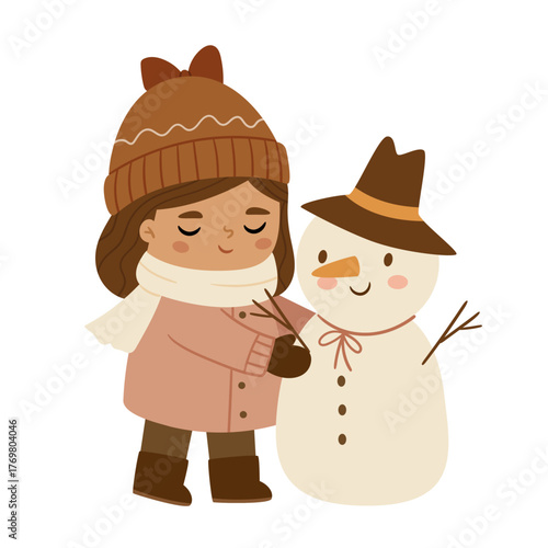 Cute girl building a snowman in winter outfit with hat and scarf. Warm and cozy flat illustration in Scandinavian minimalism style. Perfect for holiday cards, kids prints and seasonal decor.