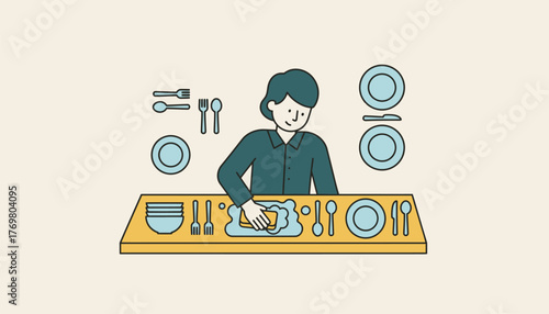 An individual scrubbing a kitchen countertop with a sponge and cleaning solution surrounded by arranged utensils and dishware.