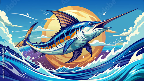Vector of a large swordfish leaping from ocean, detailed water splash, cloudy horizon, bright natural lighting, calm blue sea, realistic marine wildlife scene