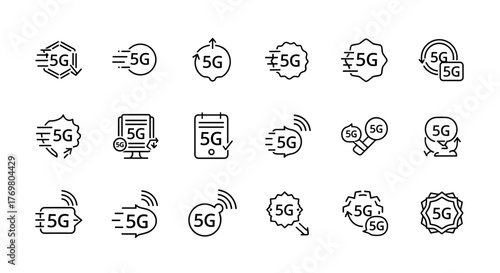 Collection of 5G line icons, showcasing the fifth generation of wireless technology with various symbols representing speed, connectivity, and network signals. This editable stroke vector