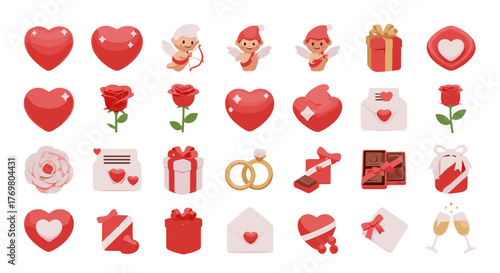 A delightful collection of 3D Valentine's Day icons, featuring romantic hearts, charming cupids with bows and arrows, elegant roses, gift boxes, wedding rings, love letters, and celebratory champagne
