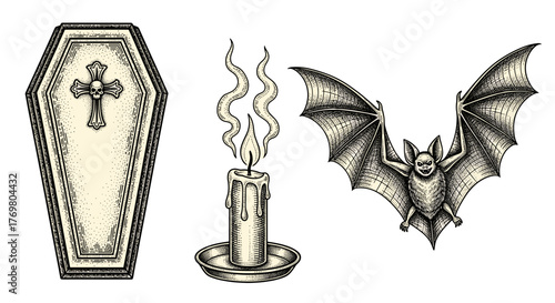 Vintage engraved illustration set of a coffin with a skull and cross emblem, a burning candle with wisps of smoke, and a bat with outstretched wings, perfect for Halloween and gothic-themed designs