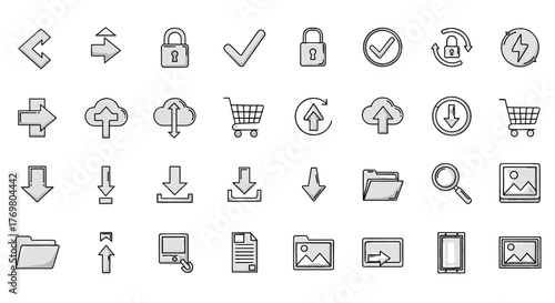 Collection of 32 modern, minimalist vector icons featuring arrows, locks, checkmarks, cloud uploads/downloads, shopping carts, folders, search magnifying glass, and image placeholders, all with