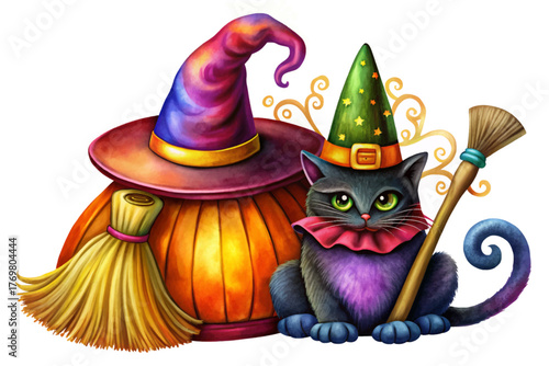 Classic witch hat beside broom and black cat isolated on white background representing magic and folklore