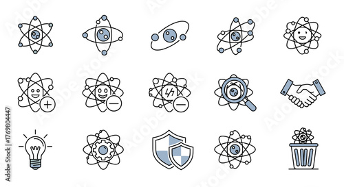 Collection of simple, isolated line icons representing atoms and scientific concepts, perfect for graphic design, book illustrations, advertisements, and app development. Editable stroke vector