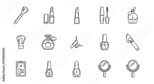 A collection of essential beauty and cosmetic line art icons, featuring makeup brushes, lipsticks, mascaras, perfumes, nail polishes, compacts, and mirrors, perfect for graphic design, web