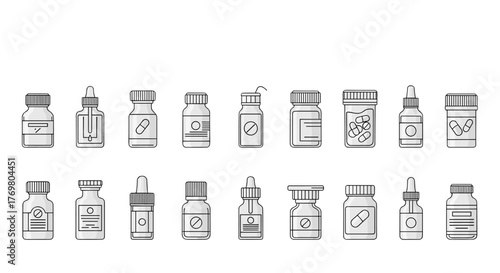 Collection of thin line icons representing various medicine bottles and pill containers, including dropper bottles and prescription jars, suitable for web, books, cards, and apps, presented as a