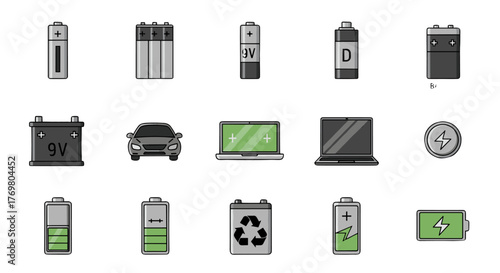 Vibrant collection of simple battery icons, including AA, AAA, D-cell, 9V, car batteries, and laptop batteries, alongside a car and a lightning bolt symbol, perfect for infographics, articles, books