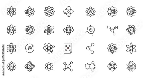 Atom Pack of Thin Icons with Editable Stroke, Perfect for Websites, Books, Cards, Apps, Vector Cartoon Illustration on a White Background, Ordered Set of Scientific Symbols and Molecular Structures