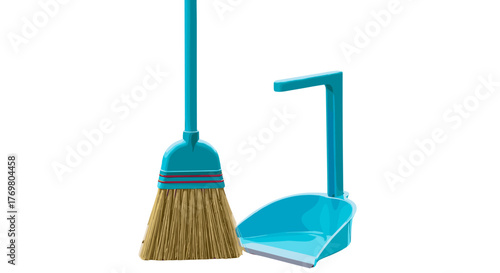 Brightly colored turquoise broom and dustpan set, isolated on a black background, ready for cleaning tasks. This essential household tool combination is perfect for sweeping up debris and maintaining