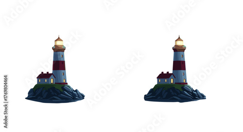 Vivid illustration of a charming lighthouse perched on a rocky island, casting a warm glow against the dark night sky, with a small adjacent building and lush green grass, evoking a sense of wild