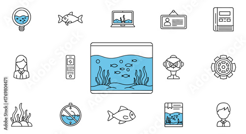 Collection of line icons representing various elements related to aquariums, technology, and people, featuring a central illustration of a fish tank with aquatic plants and fish, suitable for web