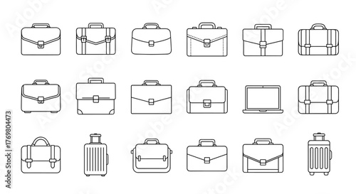 A collection of diverse business briefcases and suitcases, presented as editable stroke vector illustrations suitable for UI elements, placards, books, apps, websites, and cards, offering a
